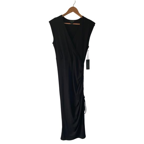 Rachel Zoe Black Midi Dress L Ribbed Knit Ruched Side Sleeveless Bodycon Stretch - Picture 2 of 8